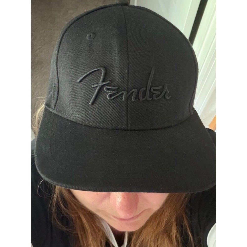 Fender Blackout Script Logo Snapback Hat All Black Monochromatic Cap